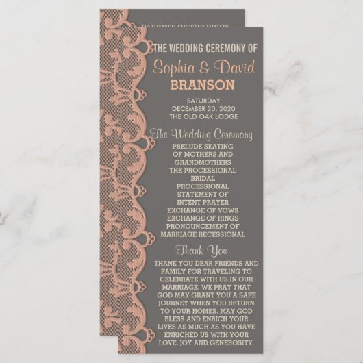 Vintages Peach Gray Lace Hochzeitsprogramm Programm (Vorne/Hinten)