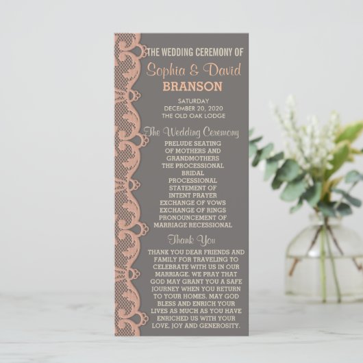 Vintages Peach Gray Lace Hochzeitsprogramm Programm (Stehend Vorderseite)