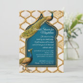 Vintages Peacock Blue Arabesque Gold Brautparty Einladung (Stehend Vorderseite)