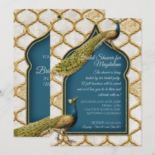 Vintages Peacock Blue Arabesque Gold Brautparty Einladung (Vorne/Hinten)