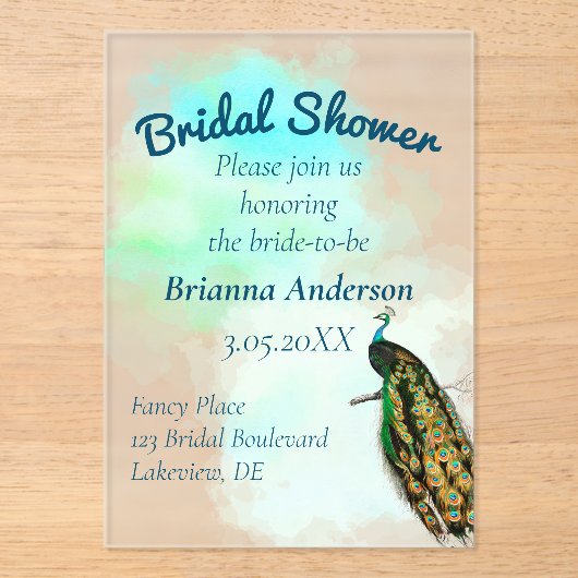 Vintages Peacock-Brautparty Acryleinladungen (Vorderseite)