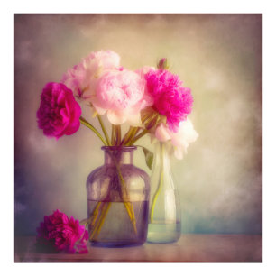 Vintages Peony Bouquet in Glass Vases Fotodruck