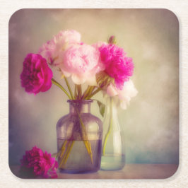 Vintages Peony Bouquet in Glass Vases Rechteckiger Pappuntersetzer