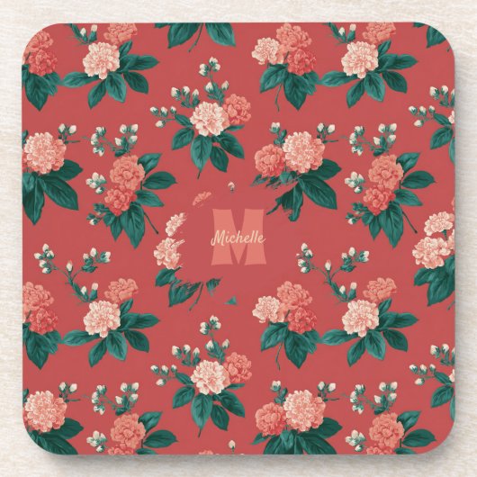 Vintages Peony Pattern - Maroon Hintergrund Getränkeuntersetzer (Vorderseite)