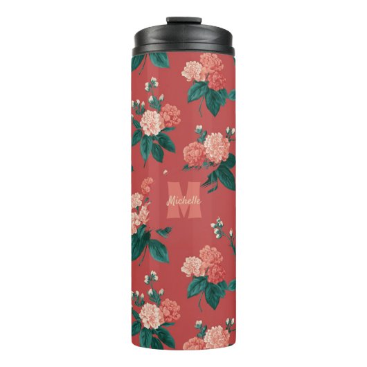 Vintages Peony Pattern - Maroon Hintergrund Thermosbecher (Vorderseite)