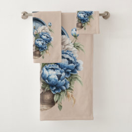Vintages Peony Towel Set in Blau, Weiß und Beige
