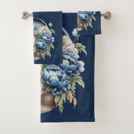 Vintages Peony Towel Set in Blau, Weiß und Beige
