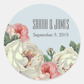 Vintages Peony Wedding Couple Blue Sticker Label