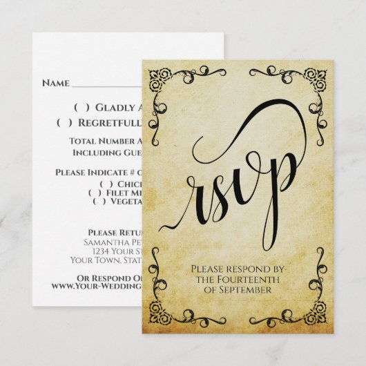 Vintages Pergament Hochzeit in Calligrafie RSVP Karte (Vorne/Hinten)