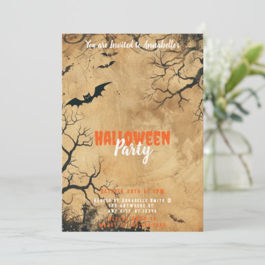 Vintages Pergamentpapier Fledermäuse Beängstigende Einladung (Stehend Vorderseite)