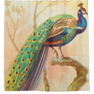 Vintages Pfau auf einem Ast-Gemälde Duschvorhang