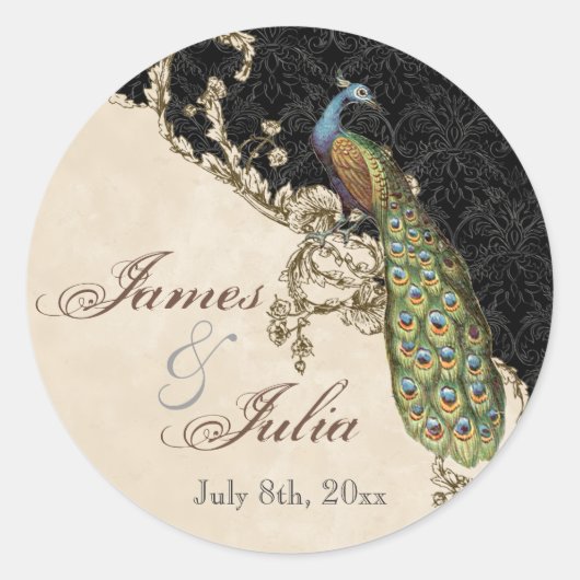 Vintages Pfau & Etchings Hochzeitssemble Siegel Runder Aufkleber (Vorderseite)