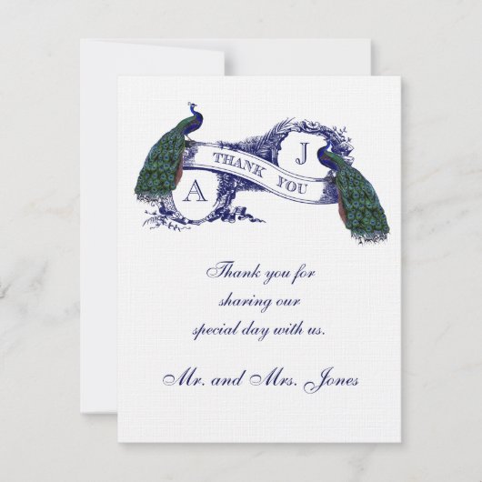 Vintages Pfau-Hochzeits-Foto danken Ihnen Dankeskarte (Vorderseite)