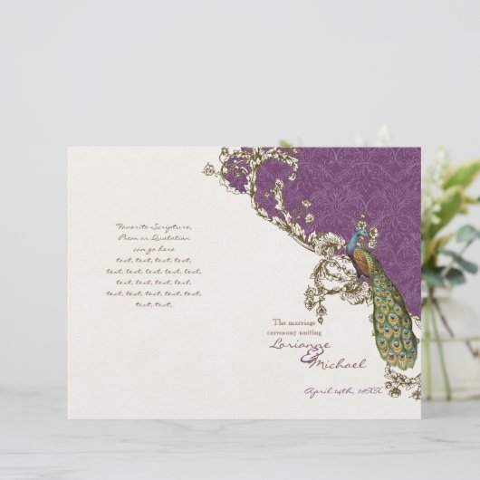 Vintages Pfau- und Etchings-Hochzeitsprogramm (Stehend Vorderseite)