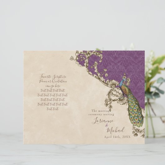 Vintages Pfau- und Etchings-Hochzeitsprogramm (Stehend Vorderseite)