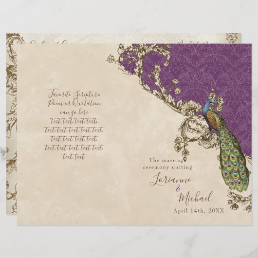 Vintages Pfau- und Etchings-Hochzeitsprogramm (Vorne/Hinten)