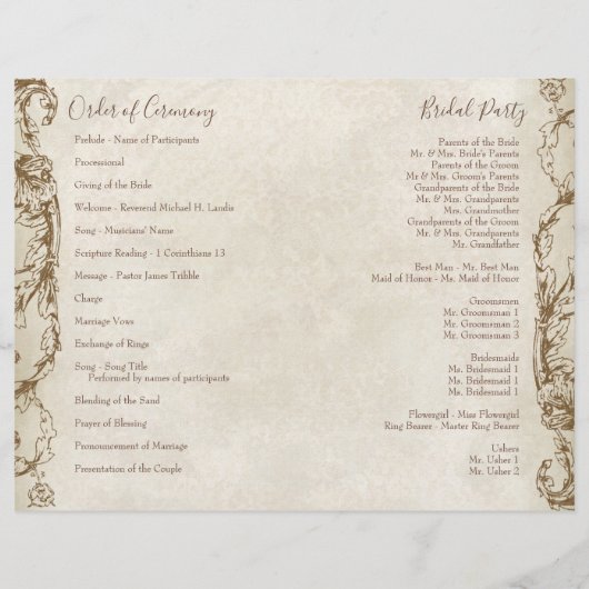 Vintages Pfau- und Etchings-Hochzeitsprogramm (Rückseite)