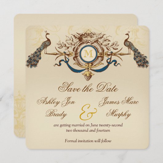 Vintages Pfauen Speichern der Datumskarten Einladung (Vorne/Hinten)