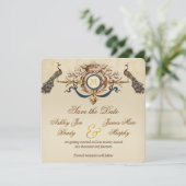 Vintages Pfauen Speichern der Datumskarten Einladung (Stehend Vorderseite)