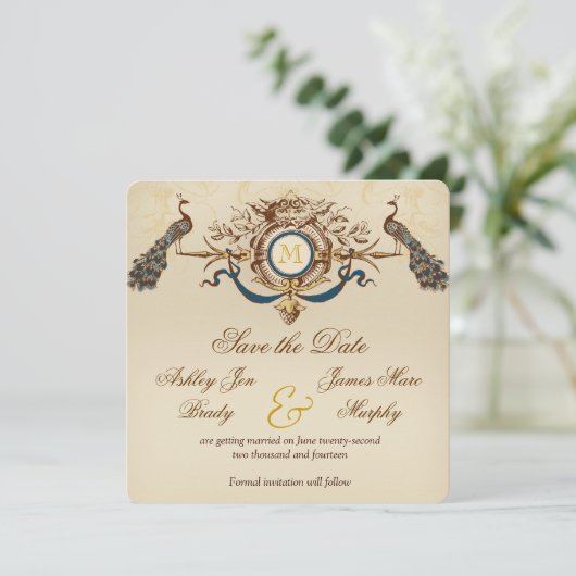 Vintages Pfauen Speichern der Datumskarten Einladung (Stehend Vorderseite)