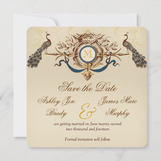 Vintages Pfauen Speichern der Datumskarten Einladung (Vorderseite)