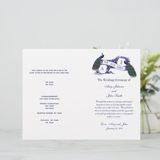 Vintages Pfauenhochzeitprogramm (Stehend Vorderseite)