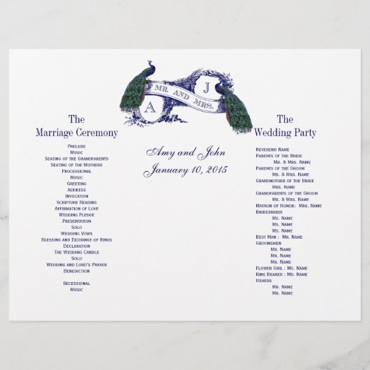 Vintages Pfauenhochzeitprogramm (Rückseite)