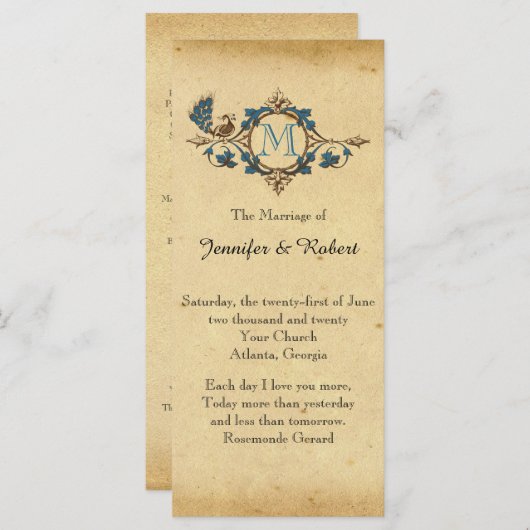 Vintages Pfauenmonogramm-Hochzeitsprogramm Programm (Vorne/Hinten)