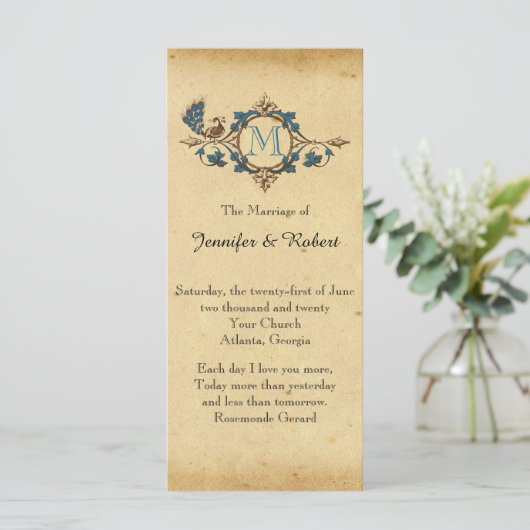 Vintages Pfauenmonogramm-Hochzeitsprogramm Programm (Stehend Vorderseite)