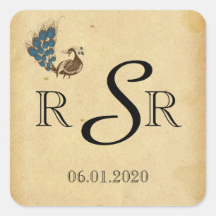 Vintages Pfauenmonogramm Quadratischer Aufkleber