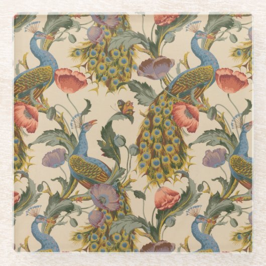 Vintages Pfauenmuster Farbenfrohe Kunst Glasuntersetzer (Vorderseite)