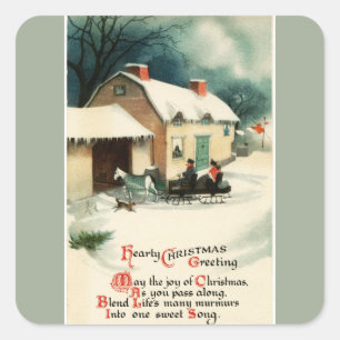 Vintages Pferd Gezeichnet Sleigh Weihnachten Quadratischer Aufkleber