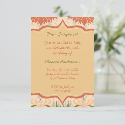 Vintages Pfirsich-Elfenbein-Grün-BlumenParty Einladung (Stehend Vorderseite)