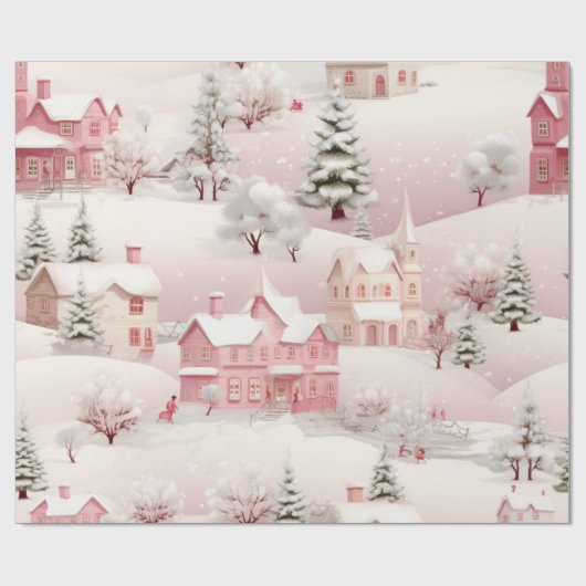 Vintages Pink Weihnachtsdorf Geschenkpapier (Flach)