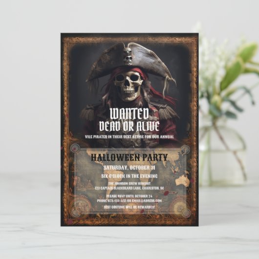 Vintages Piratenschwarzes Halloween-Party Einladung (Stehend Vorderseite)