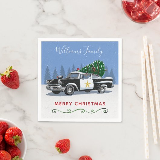 Vintages Polizeiauto Weihnachtsbaum Monogramm Serviette (Beispiel)