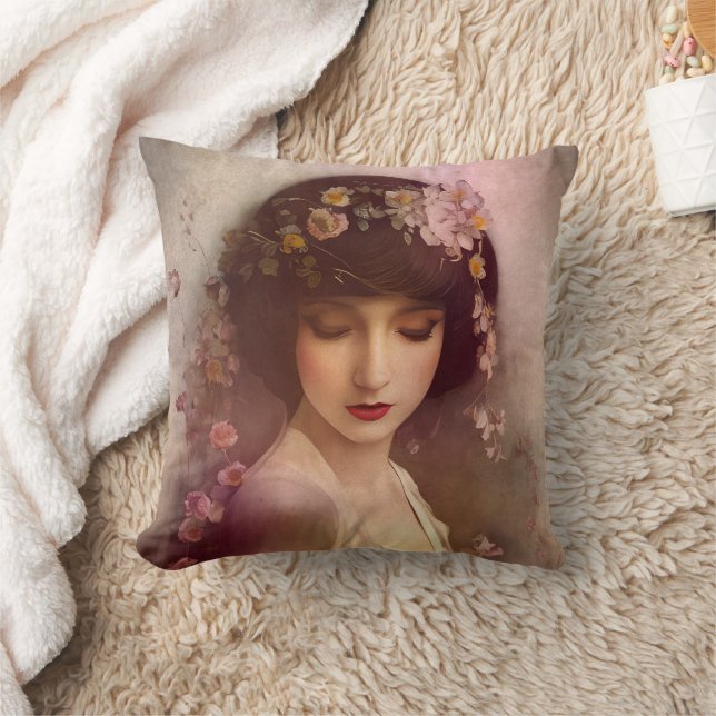 Vintages Portrait der wunderschönen Blumenweibchen Kissen (Decke)