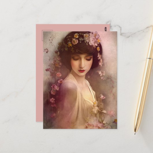 Vintages Portrait der wunderschönen Blumenweibchen Postkarte (Vorderseite/Rückseite Beispiel)