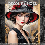 Vintages Portrait einer Frau - Decoupage- Seidenpapier<br><div class="desc">Ein Vintag inspiriert Gewebepapier-Design für Decopage, mit einer eleganten Frau mit zarter, zeitloser Schönheit. Sie trägt ein schwarzes Kleid gepaart mit einem ausgeklügelten schwarzen Hut, der mit auffallenden roten Federn und einer passenden Band geschmückt ist. Ihre feine Teint kontrastiert mit fett roten Lippen, sanften Gürteln, die ihr Gesicht umrahmen, und...</div>