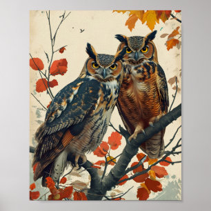 Vintages Portrait von zwei Owls Poster