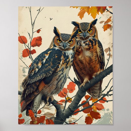 Vintages Portrait von zwei Owls Poster (Vorne)