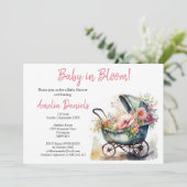 Vintages Pram Baby in Bloom Baby Dusche Einladung (Stehend Vorderseite)