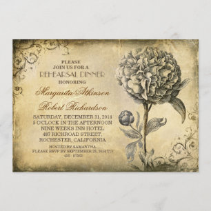 Vintages Probe Dinner lädt mit Peony Blüte ein Einladung