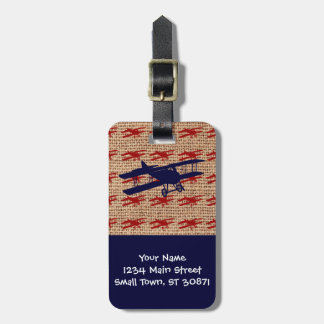 Vintages Propellerflugzeug auf Burlap Print Gepäckanhänger