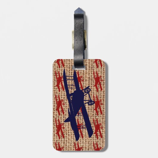 Vintages Propellerflugzeug auf Burlap Print Gepäckanhänger (Rückseite vertikal)
