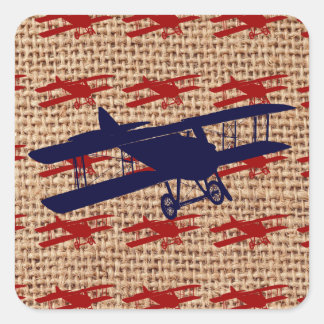 Vintages Propellerflugzeug auf Burlap Print Quadratischer Aufkleber