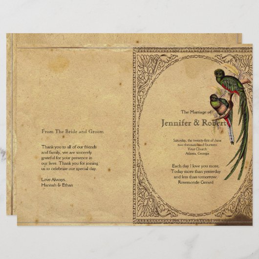 Vintages Quetzal Bird Elegant Hochzeitsprogramm (Vorne/Hinten)