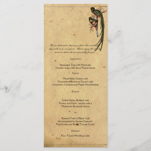 Vintages Quetzal Bird Elegante Wedding Menu Menükarte (Vorderseite)