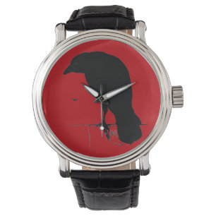 Vintages Raben-Silhouette-Schwarz-Rot Ravens Armbanduhr