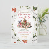 Vintages Red Bow Christmas Tee Party Blumenkohl Einladung (Stehend Vorderseite)